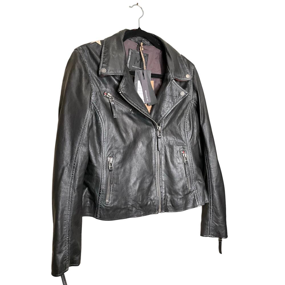 Mauritius Christy RF Leather Star Moto Jacket Zip-Up Black Womens Size XL NWT